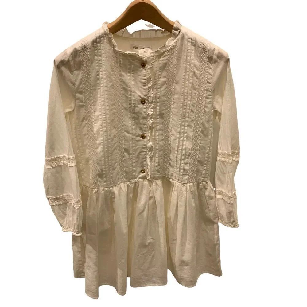 Zara Girls Ivory Long Sleeve Ruffle Button Front Dress size 13-14